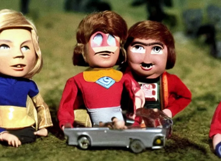 Prompt: a scene from a 1 9 7 0 s british kids tv programme by the bbc and gerry anderson, supermarionation, vhs distortion, folk horror, hauntology