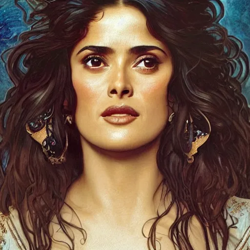 Prompt: salma hayek head and shoulders portrait by alfons mucha, playful, fantasy, medieval, beautiful face, perfect detailed eyes, vivid colrs, elegant, concept art, sharp focus, digital art, hyper - realistic, 4 k, unreal engine, highly detailed, hd, dramatic lighting by brom, trending on artstation