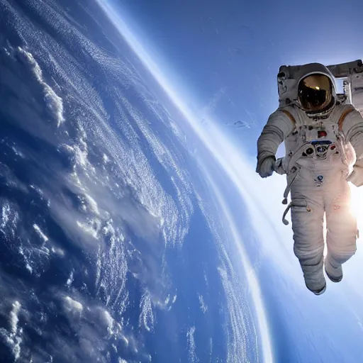 Image similar to an astronaut standing on the ISS floating above earth, breathtaking, cinematic, dramatic lighting, volumetric, cinematic composition, awe inspiring