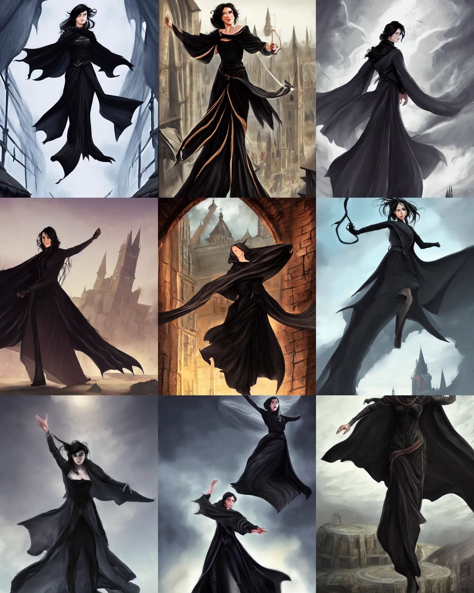 Prompt: illustration of lady vin from mistborn flying waving the cape with long strips of fabric, wearing black clothes and cape, medieval town landscape, trending on artstation