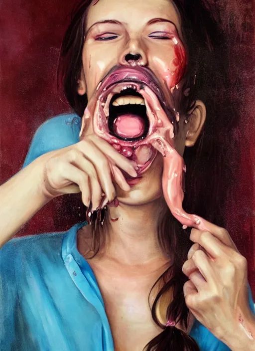 Image similar to portrait of a girl, icecream dripping down her, oil comes out of her mouth, hyper-realistic, high-tech