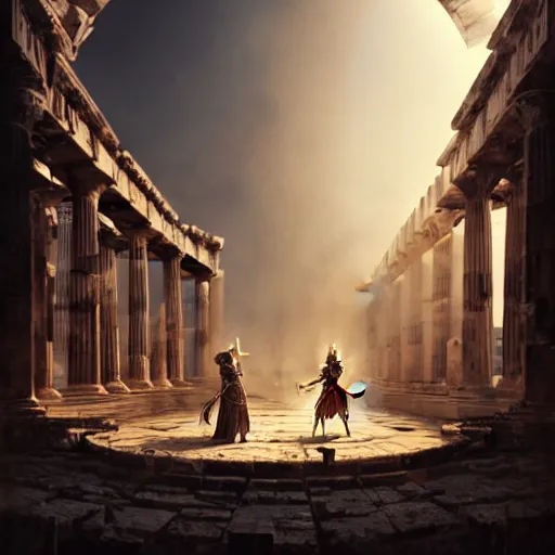 Image similar to An ultrdetailed illustration of a portrait of a female Knights of Zodiac, fighting at ancinet Agora of Athens, ruins, Golden Light, illustration, art by WLOP, greg rutkowski and Daeho Cha, volumetric light, lightrays, smoke, cinematic, intricate, hypermaximalist, super detailed