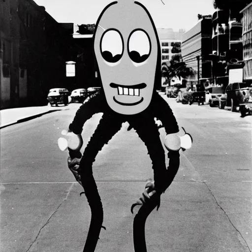 Prompt: A scary photograph of Squidward spotted in the streets of Los Angeles, black and white, blurry, 1964