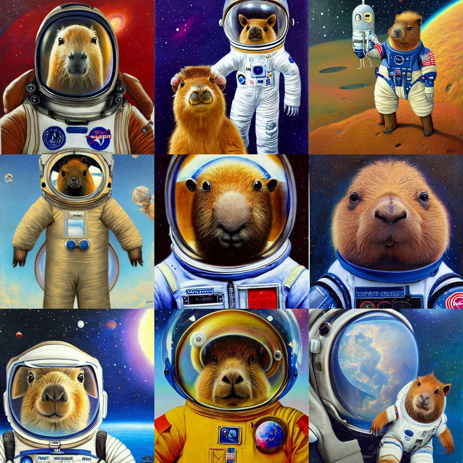 Prompt: beautiful detailed and adorable portrait of a capybara astronaut in a spacesuit, super cute, new contemporary, pop surrealism, oil painting, by edward robert hughes, henry justice ford