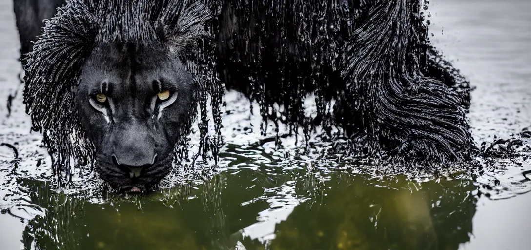 Prompt: a black lioness, made of ferrofluid, bathing inside the lake of ferrofluid, full of goo, covered with ferrofluid. dslr, photography, realism, animal photography, color, savanna, wildlife photography