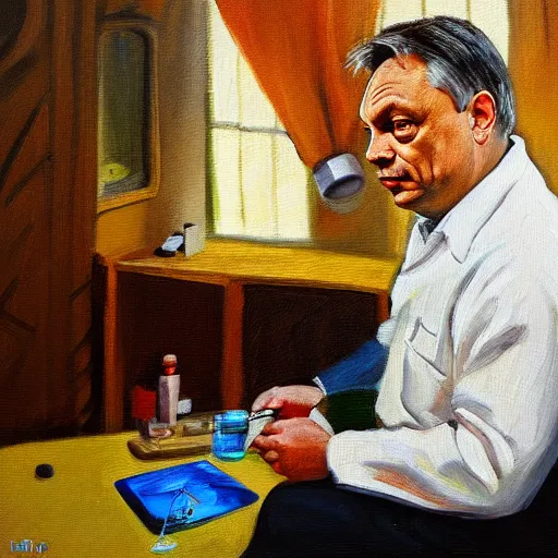 Image similar to viktor orban in his biolab, oil painting