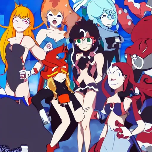Prompt: A group of friends, illustrated by Studio Trigger