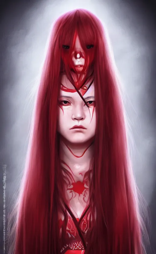 Image similar to ''beautiful girl with long hair, red eyes, japanese miko suit, creepy eyes, creepy art, concept art, artstation, digital painting, 4 k''