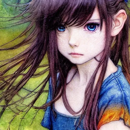 Image similar to Cute young girl in anime style with rainbow hair in the style of Arthur Rackham, pixiv, pinterest anime, art by Steve Hanks, art by Alyssa Monks, endless summer art, realistic, wide focus, 8k ultra, insanely detailed, intricate, elegant, art by Laurie Lipton, digital art by James Clyne, art by Steve Hanks