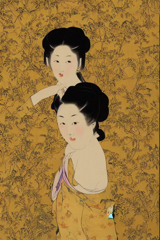 Image similar to an asian woman emerges from 1 9 th century yellow wallpaper decorated with sensual feminine faces by charles walter stetson