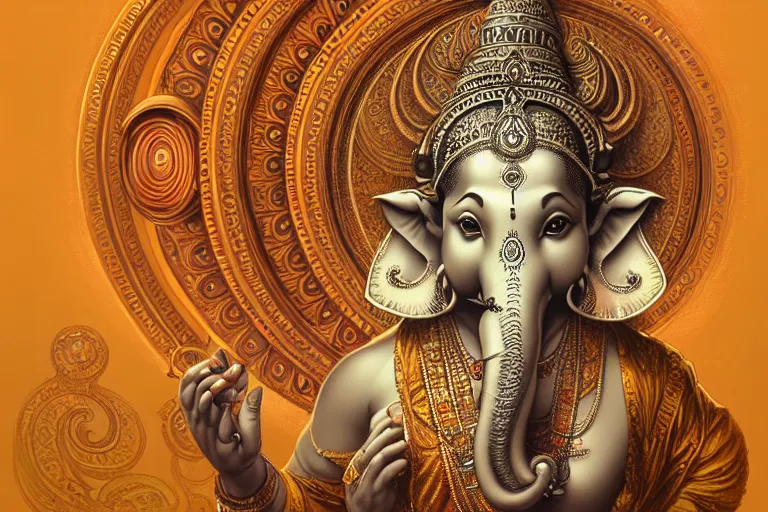 Image similar to rhodium ganesha, mandala, fantasy, intricate, elegant, highly detailed, digital painting, artstation, concept art, matte, sharp focus, illustration, art by artgerm and greg rutkowski and alphonse mucha