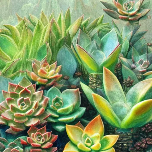 Image similar to a beautiful panting of a succulent plants make from ethiopian opal, colorful, by edmund dulac and bob eggleton on artstation