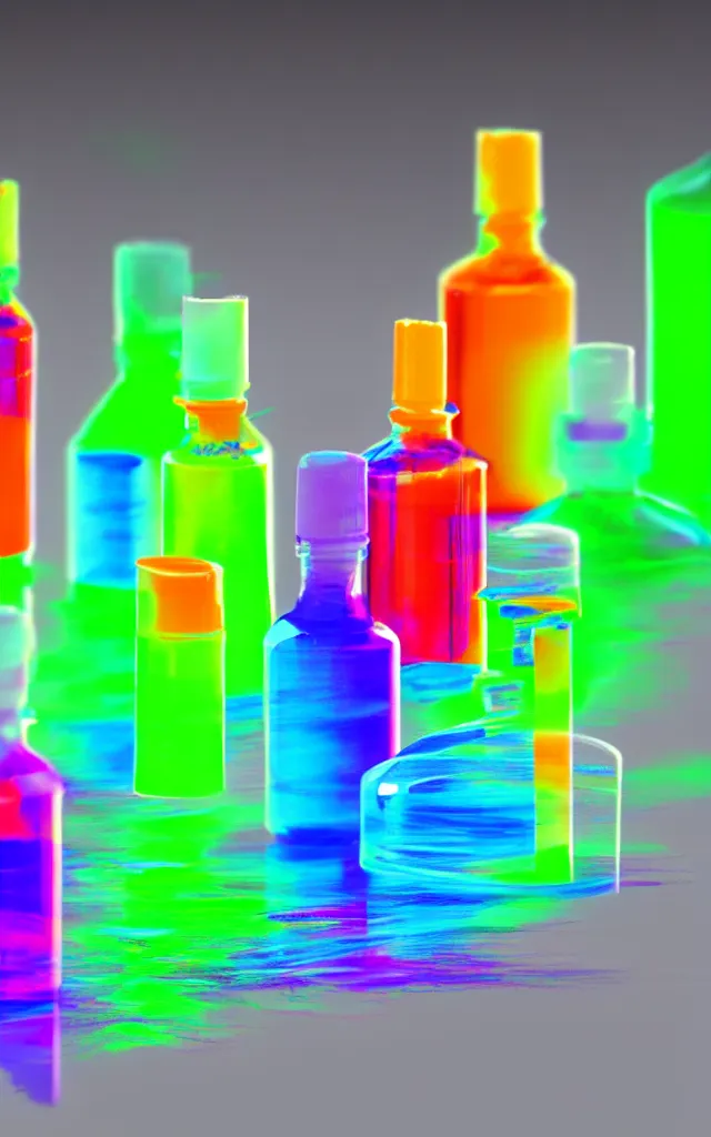 Prompt: a set of paint vials full of fluorescent neon dye on top of a color scientist's lab bench, sci - fi, concept art, in the style of max chroma colorists