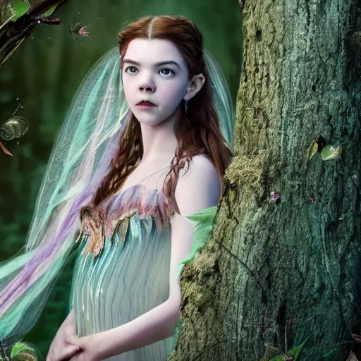 Prompt: older anya taylor - joy as a beautiful fairy, 8 k resolution hyperdetailed photo realistic, extremely high quality and life like