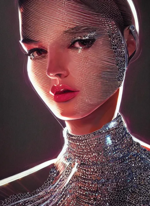 Prompt: photorealistic portrait of female humanoid, highly intricate, retro 6 0 s haute couture fashion, elegant, highly detailed, crispy quality and cyber neon light reflections, artstation, pinterest, glamor pose, no signature, no watermark, art by artgerm and greg rutkowski