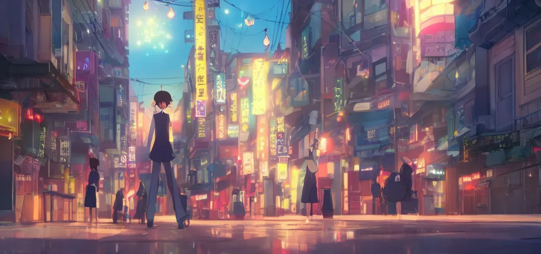 Prompt: Miko took the glowing magic scissors from her duffel bag by Makoto Shinkai. Anime key visual, bright lighting, Japanese city background, night scene, sparkles, highly detailed.