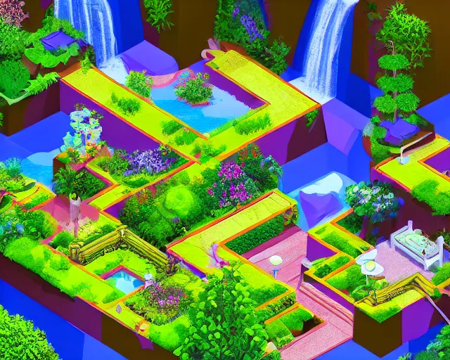 Prompt: Hidden gardens in 4th dimension, isometric, impossible architecture, waterfalls, relaxing, pastel colors