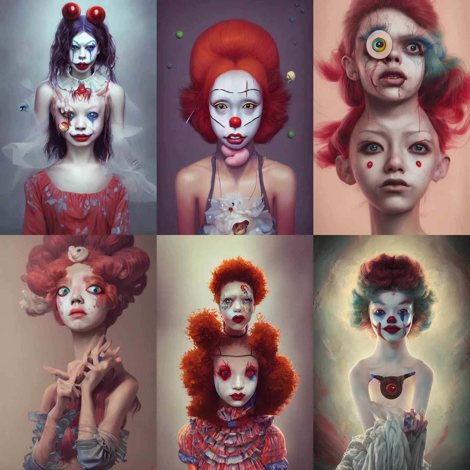 Image similar to breathtaking detailed painting of clown girl , with anxious, piercing eyes, Atari game cover art by Hsiao-Ron Cheng, James jean, Miho Hirano, Hayao Miyazaki, extremely moody lighting, hyperrealistic, octane render, RPG portrait, ambient light, dynamic lighting