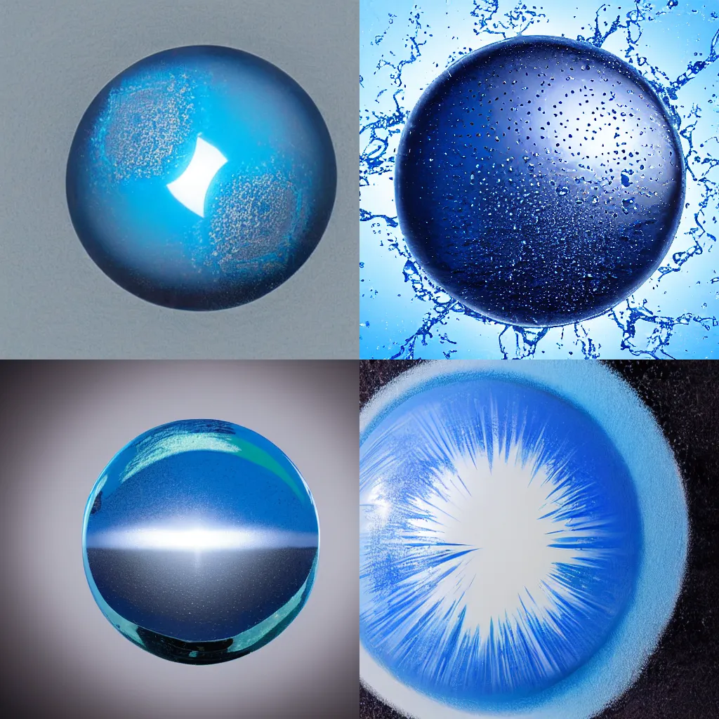 Prompt: reflective sphere splashing into a puddle of blue paint, big splash, freeze frame