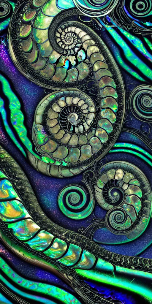 Image similar to art nouveau cresting oil slick waves, ammonite, bubbles in a shiny iridescent oil slick wave, black opals, ornate copper patina art nouveau spiral ornament, rococo, organic rippling spirals, hyperdetailed photorealistic ultrasharp octane render