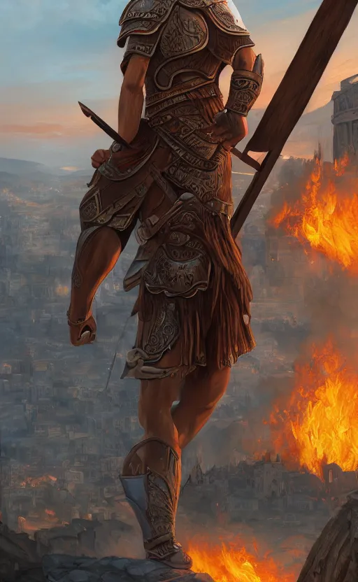 Prompt: a painting of a greek hoplite armed with a spear and shield, a burning city in the background, ultra detailed, high fantasy, 4 k, trending on artstation, cinematic