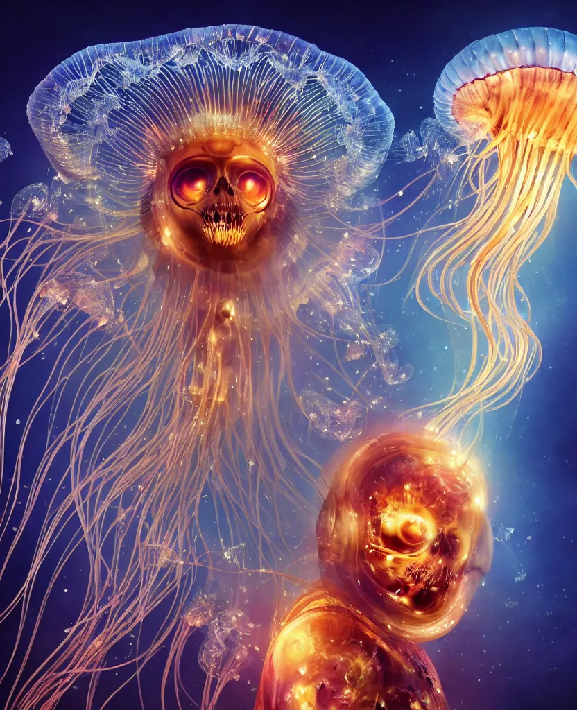 Image similar to close-up portrait of the face of a beautiful princess in a twisted flowers jellyfish mask in a spaceman suit surrounded by energy flow, epic angle and pose, symmetrical artwork, 3d with depth of field, blurred background, floating jellyfish skull phoenix bird, translucent, nautilus, energy flows of water and fire. a highly detailed epic cinematic concept art CG render. made in Maya, Blender and Photoshop, octane render, excellent composition, cinematic dystopian brutalist atmosphere, dynamic dramatic cinematic lighting, aesthetic, very inspirational, arthouse. y Greg Rutkowski, Ilya Kuvshinov, WLOP, Stanley Artgerm Lau, Ruan Jia and Fenghua Zhong