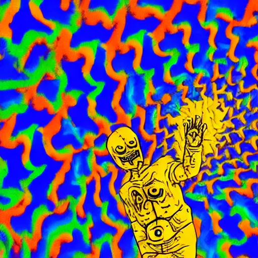 Prompt: panic attack: I took the wrong pill at work, scary, psychedelic, colorful, 8k