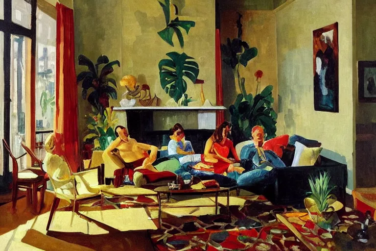 Prompt: A cozy, warm living room, bathed in golden light, with many tropical plants and eclectic furniture, a figure rests on an old couch, highly relaxed, sunday afternoon, living the good life, at peace, golden ratio, fauvisme, art du XIXe siècle, figurative oil on canvas by Albert Marquet, André Derain, Auguste Herbin, Louis Valtat, Musée d'Orsay catalogue