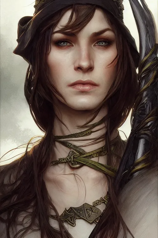 Image similar to portrait of a elven ranger, dark, piercing eyes, gentle expression, elegant clothing, photorealistic, highly detailed, artstation, smooth, sharp focus, art by michael whelan, artgerm, greg rutkowski and alphonse mucha