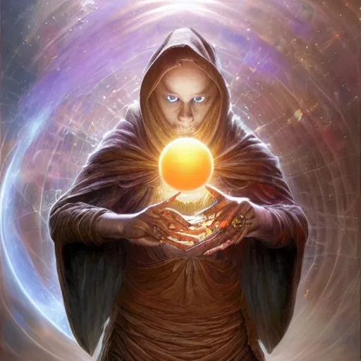 Image similar to the creator of worlds wearing a cloak and holding a holographic planet projection in his hand, detailed, sci - fi, digital painting, artstation, sharp focus, illustration, ominous, artgerm, tomasz alen kopera, peter mohrbacher, donato giancola, joseph christian leyendecker, wlop, frank frazetta