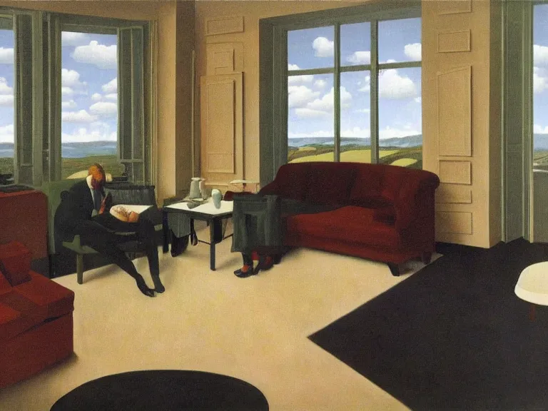 Prompt: cloudy living room, painting by rene magritte, centered, high detail, high resolution