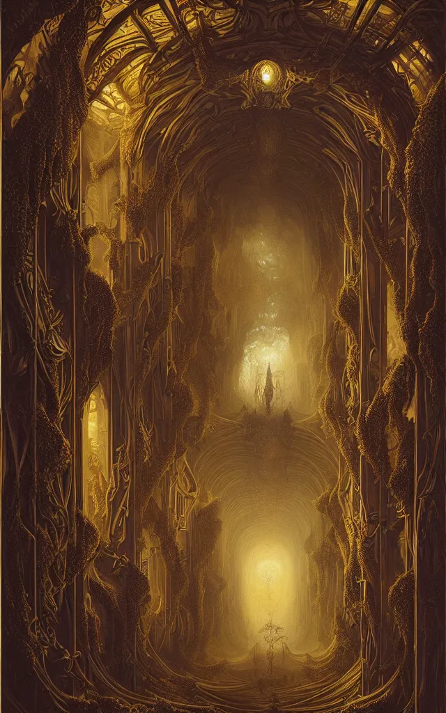 Image similar to gustav dore peter mohrbacher baroq giger arched hallways stretch into the sky, intricate hexagon honeycomb architecture, purple velvet, shimmering, dripping liquid gold, extreme detail, 8 k photograph vivid detail