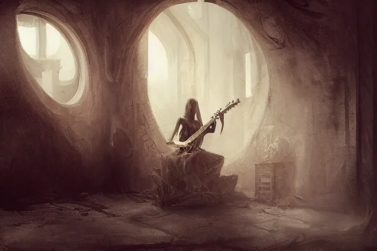 Prompt: an empty brutalist chamber, lonely, somber, a cursed carved wooden lute, oud, guitar designed by brian froud and hr giger leans against the wall alone, abandoned. a thin wisp of smoke rises from the lute. late afternoon lighting cinematic fantasy painting by jessica rossier