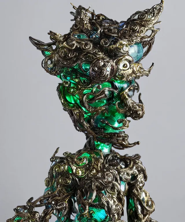 Prompt: cartoon guardian spirit of the cloud forests. translucent resin sculpture, backlighting, depth of field, 4 k, metallic filigree details, g rated, bokeh background