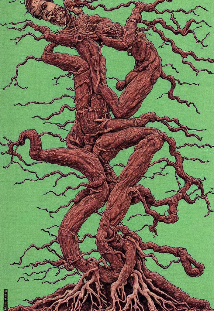 Image similar to prompt: anatomy dissection drawing veins and organs Bonsai tree character drawn by Takato Yamamoto, bonsai anatomy atlas, veins and organs attached to tree roots, alchemical objects inspired by 1980's sci-ci, old experimentation cabinet, intricate oil painting detail, manga 1980