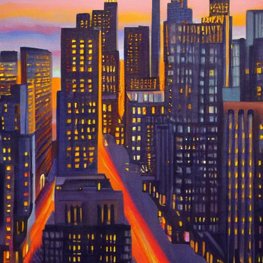 Prompt: cityscape at dusk painted by nathan walsh, detailed