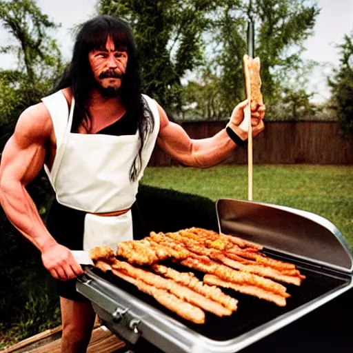 Prompt: candidato photo of conan the barbarian flipping burger on a barbecue. he is wearing an apron with unicorn drawing, and a tutu. photographed by annie leibovitz