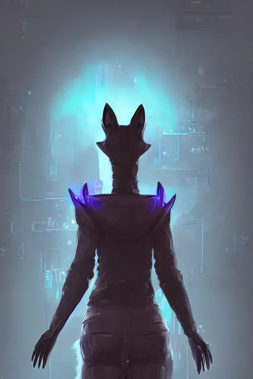 Image similar to an anthropomorphic cyberpunk fox, backlighting, trending on artstation, digital art, furry art, trending on furaffinity, fantasy art, by kawacy, view from behind