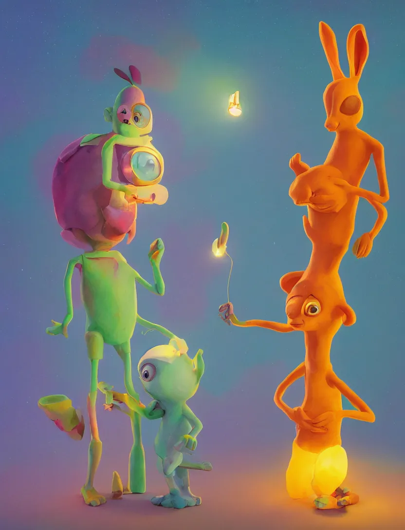 Prompt: bright dramatic lighting fun colorful children's book illustration titled'i went to the store ', magical realism folk art very cute, model of an anthromorphic rabbit child, made of polymer clay by pixar and beeple and ralph mcquarrie, shocking detail octane render trending on artstation 8 k 0 0 3