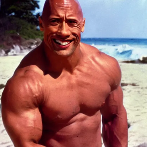 Prompt: a 1940s photograph of Dwayne Johnson having a lovely day at the beach