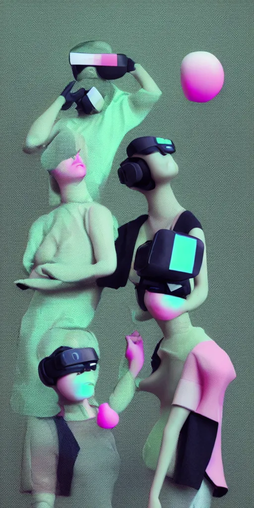 Image similar to 3d matte render, VR goggles, mannequins, dj rave party, Hsiao-Ron Cheng, pastel colors, hyper-realism, pastel, polkadots, minimal, simplistic, amazing composition, vaporwave, wow, Gertrude Abercrombie, Beeple, minimalistic graffiti masterpiece, minimalism, 3d abstract render overlayed, black background, psychedelic therapy, trending on ArtStation, ink splatters, pen lines, incredible detail, creative, positive energy, happy, unique, negative space, pure imagination painted by artgerm