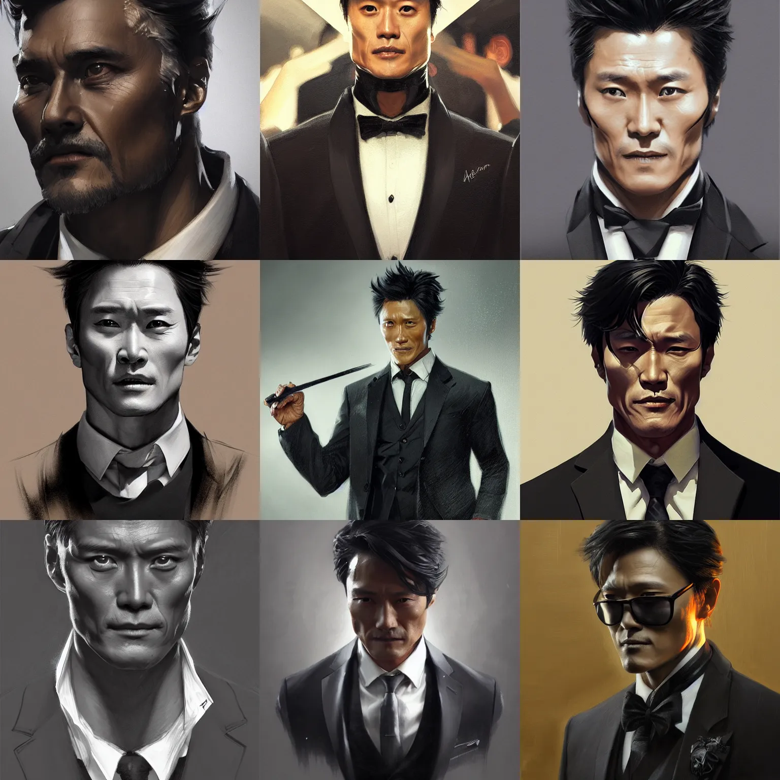 Prompt: man wearing a black suit, lee byung-hun, painted character portrait, highly detailed, digital painting, artstation, concept art, sharp focus, illustration, art by artgerm and greg rutkowski and alphonse mucha