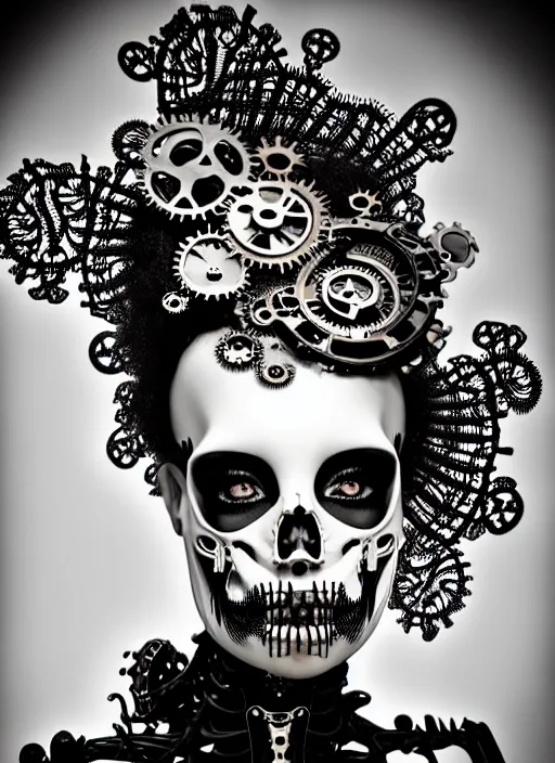 Image similar to surreal black and white photo portrait of complex bio-mechanical beautiful young female undead skeletal cyborg with a Mandelbrot fractal steampunk metal fine lace face, retrofuturistic depressing hopeless horrific vibe, curled silver hair and a fine metal floral foliage super big lace collar by Alexander McQueen:: high fashion, haute couture, rococo, steampunk, silver filigree details, anatomical, facial muscles, cable wires, microchip, elegant, hyper realistic, 150 mm lens, soft rim light, octane render, unreal engine, volumetric lighting, 8k,