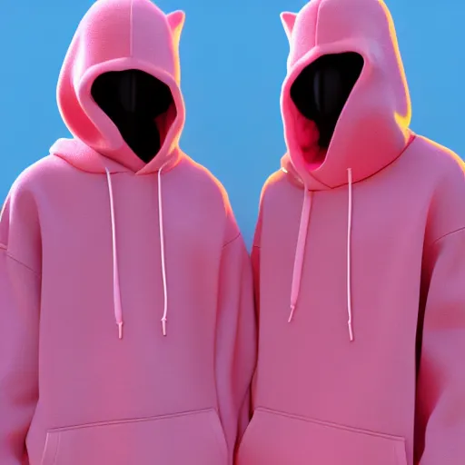 Image similar to bingo bango abstract hoodie on a set of twin ninja hypebeasts, by ilya kuvshinov and james jean and hiroya oku and gilleard james, artstation trending, 8 k, 3 d render, photorealistic, volumetric lighting caustics, pink