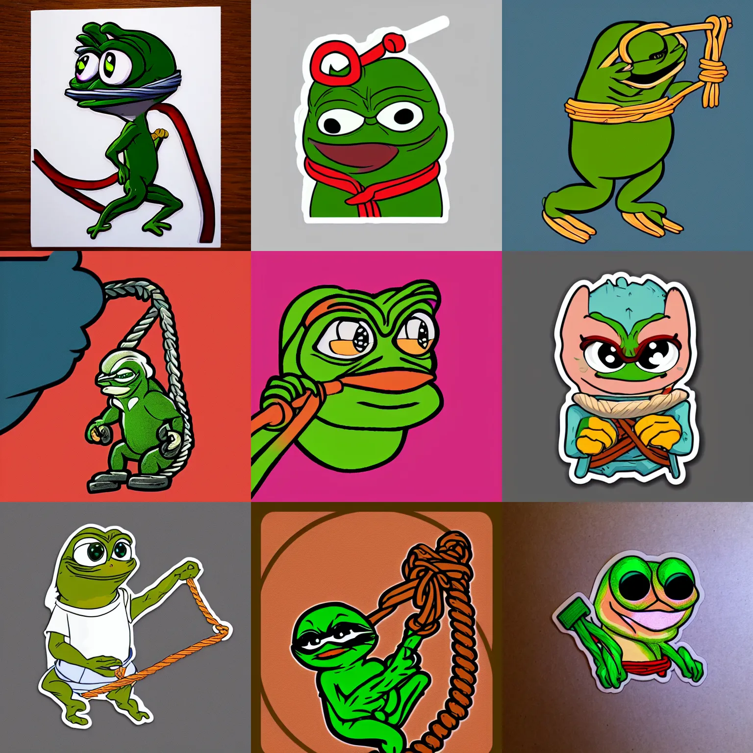 Prompt: a sticker illustration of pepe with a rope, highly detailed, carefully drawn, meme, artstation, artstationHQ, artstationHD, behance