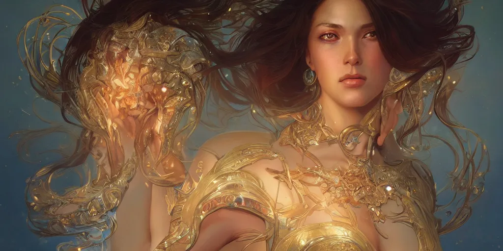 Image similar to epic portrait an star goddess, glowing , beautiful, glossy skin, intricate, full frontal shot, highly detailed, digital painting, artstation, concept art, sharp focus, illustration, art by artgerm and greg rutkowski and alphonse mucha