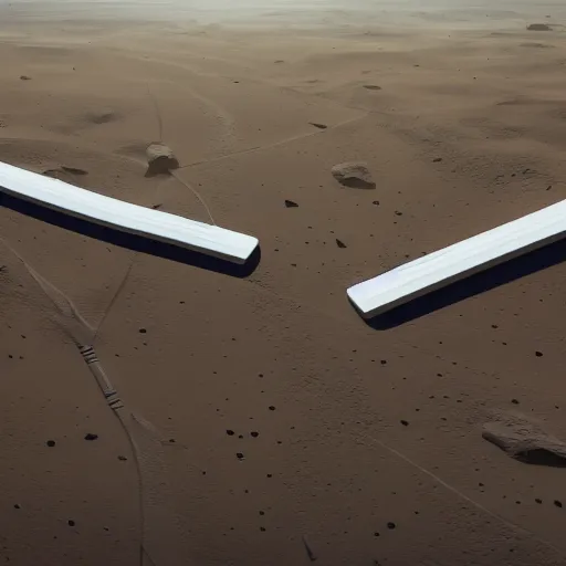 Image similar to two identical sleek white very long spacecrafts in parallel diagonally over the surface of mars dramatic lighting, highly detailed, photorealistic, cinematic, sci-fi, octane render