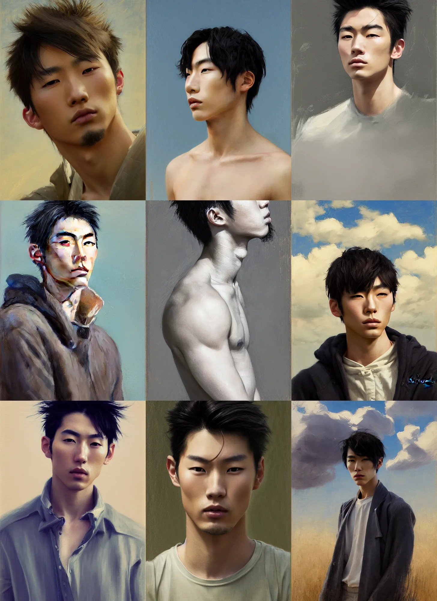 Prompt: portrait of young handsome japanese male model, countryside, calm, fantasy character portrait, dynamic pose, above view, sunny day, thunder clouds in the sky, artwork by Jeremy Lipkin and Giuseppe Dangelico Pino and Michael Garmash and Rob Rey and WLOP, very coherent asymmetrical artwork, sharp edges, perfect face, simple form, 100mm