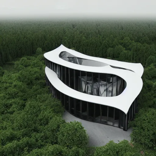 Prompt: futuristic black exterior, drone view, forest hotel, surrounded by massive willow trees and vines, white exterior facade, in full frame, exterior view, twisted house, 3 d printed canopy, clay, earth architecture, cavelike interiors, convoluted spaces, hyper realistic, photorealism, octane render, unreal engine, 4 k