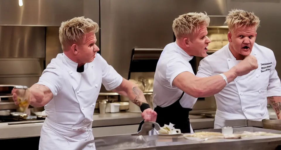 Image similar to photo of angry furious Gordon Ramsay punching Gordon Ramsay at the kitchen